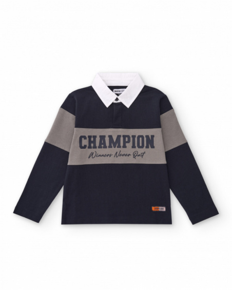 Long-sleeve color block polo shirt for boys with printed text