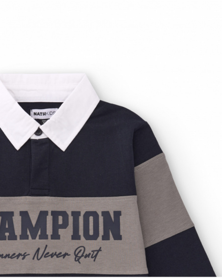 Long-sleeve color block polo shirt for boys with printed text