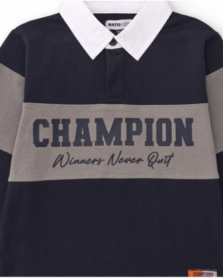 Long-sleeve color block polo shirt for boys with printed text