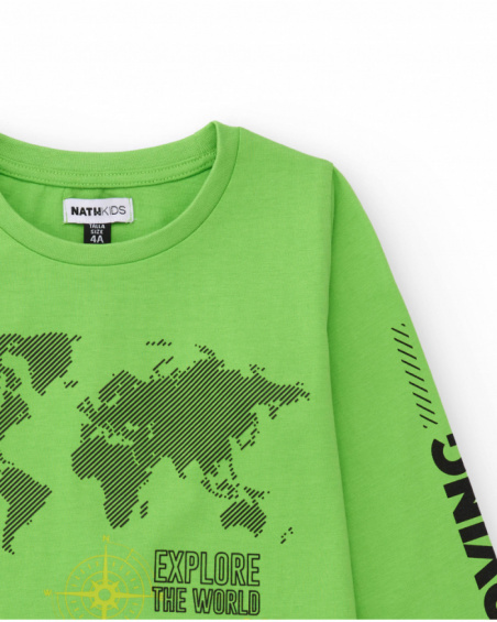 Green long-sleeve t-shirt for boys with world map graphic