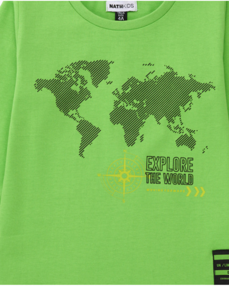 Green long-sleeve t-shirt for boys with world map graphic