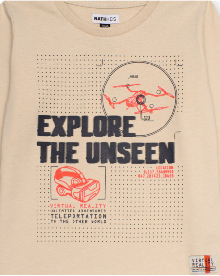 Beige long-sleeve t-shirt for boys with tech-themed graphic