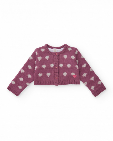 Knit jacket for girl in purple with heart print.
