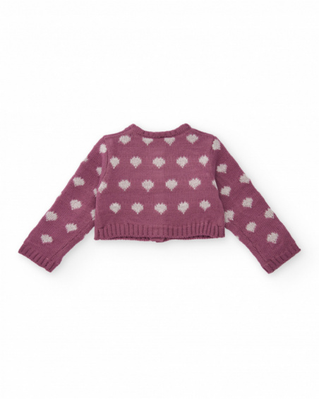 Knit jacket for girl in purple with heart print.