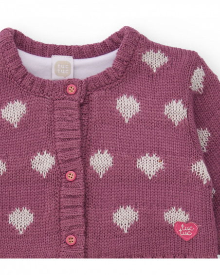 Knit jacket for girl in purple with heart print.
