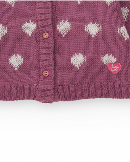 Knit jacket for girl in purple with heart print.