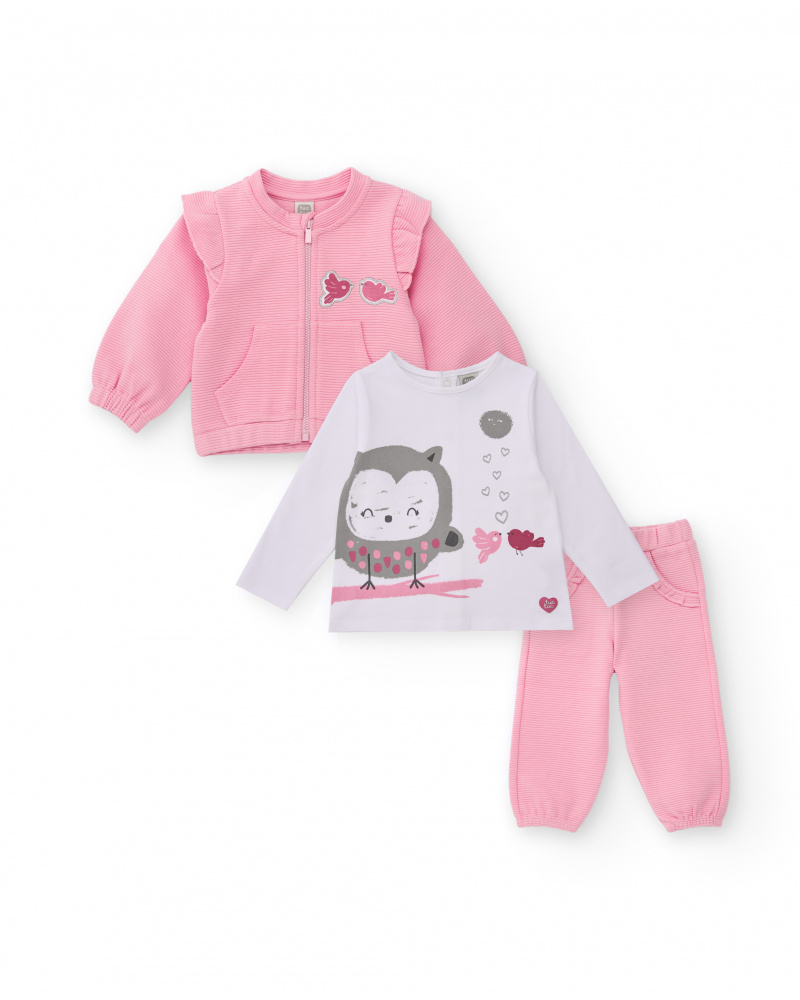 Three-piece set for newborn in pink with bird details