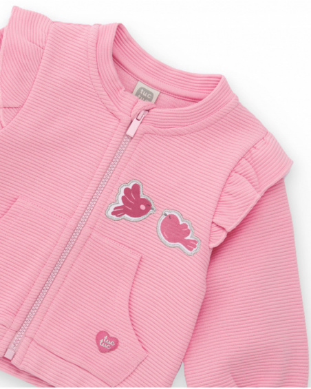 Three-piece set for girl in pink tones with bird details.