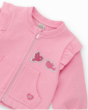 Three-piece set for girl in pink tones with bird details. Three-piece set for girl in pink tones with bird details.