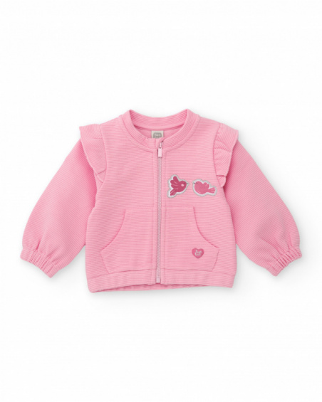 Three-piece set for girl in pink tones with bird details.