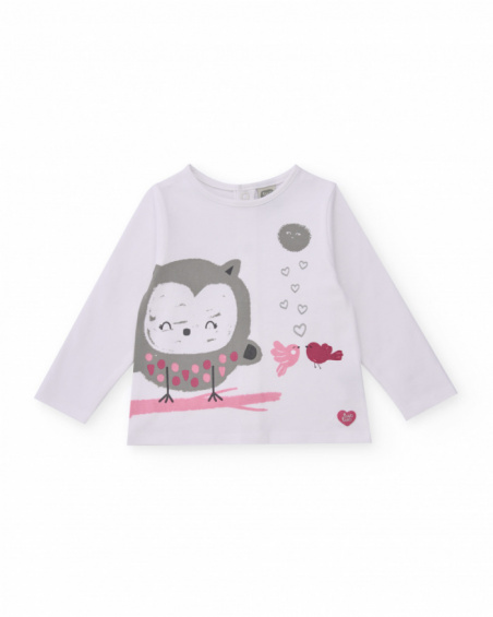 Three-piece set for girl in pink tones with bird details.