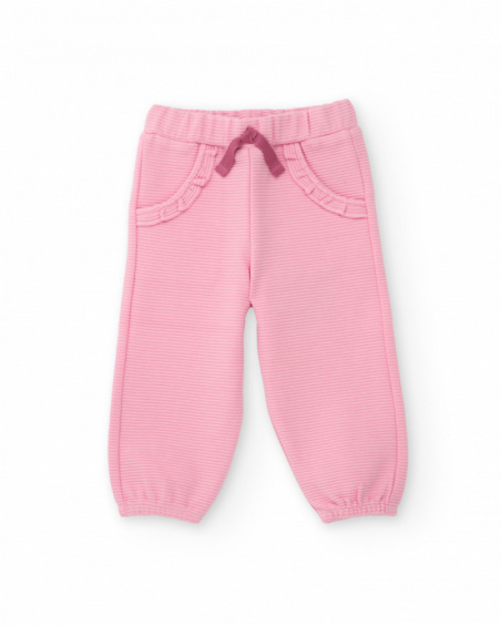Three-piece set for girl in pink tones with bird details.
