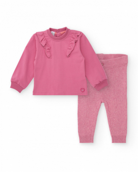 Two-piece set for girl in pink tones with decorative ruffles. Two-piece set for girl in pink tones with decorative ruffles.
