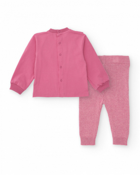 Two-piece set for girl in pink tones with decorative ruffles. Two-piece set for girl in pink tones with decorative ruffles.
