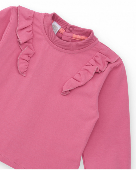 Two-piece set for girl in pink tones with decorative ruffles. Two-piece set for girl in pink tones with decorative ruffles.
