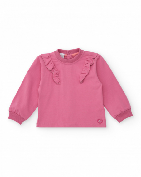 Two-piece set for girl in pink tones with decorative ruffles. Two-piece set for girl in pink tones with decorative ruffles.