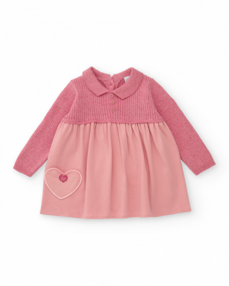 Knit dress for girl in pink tones with heart detail.