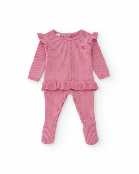 Knit romper for girl in pink with decorative ruffles.