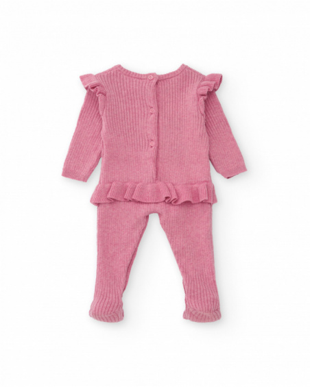 Knit romper for girl in pink with decorative ruffles.