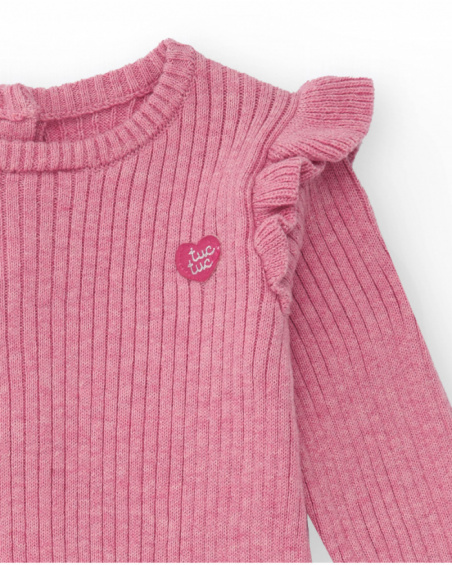 Knit romper for girl in pink with decorative ruffles.