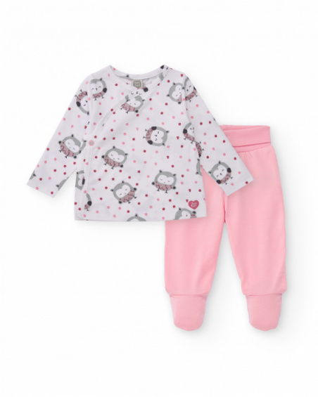 Two-piece set for girl in white and pink with owl print. Two-piece set for girl in white and pink with owl print.