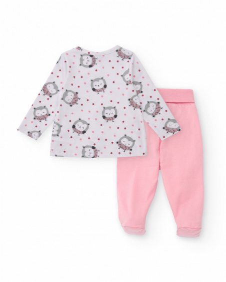 Two-piece set for girl in white and pink with owl print. Two-piece set for girl in white and pink with owl print.