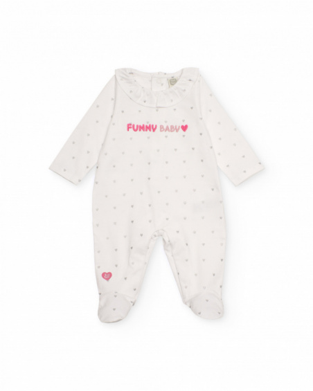 White romper for girl with heart print and embroidered text. White romper for girl with heart print and embroidered text.