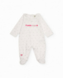 White romper for girl with heart print and embroidered text. White romper for girl with heart print and embroidered text.