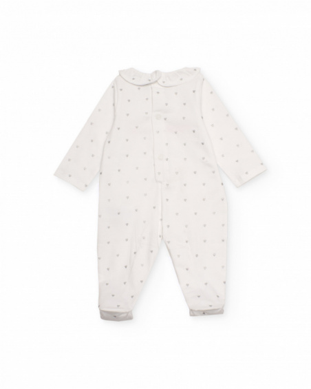 White romper for girl with heart print and embroidered text. White romper for girl with heart print and embroidered text.