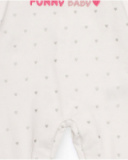 White romper for girl with heart print and embroidered text. White romper for girl with heart print and embroidered text.
