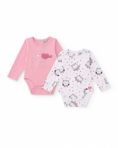 Pack of two bodysuits for girls in pink tones with bird and owl prints Pack of two bodysuits for girls in pink tones with bird and owl prints