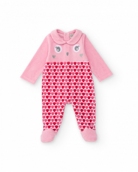 Pink velvet romper for girls with face and heart design Pink velvet romper for girls with face and heart design