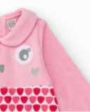 Pink velvet romper for girls with face and heart design Pink velvet romper for girls with face and heart design