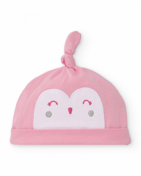 Baby girl hat in pink with knot detail and embroidered face Baby girl hat in pink with knot detail and embroidered face