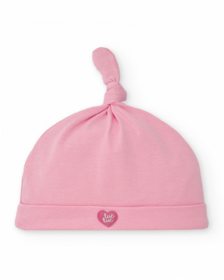 Baby girl hat in pink with knot detail and embroidered face Baby girl hat in pink with knot detail and embroidered face