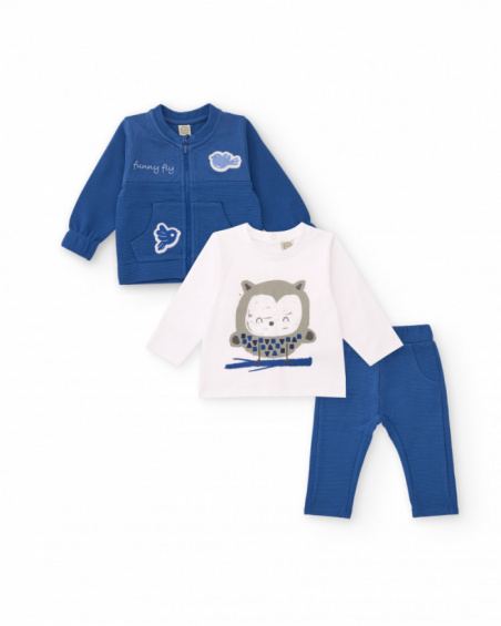 Three-piece baby boy outfit in blue and white tones with bird details