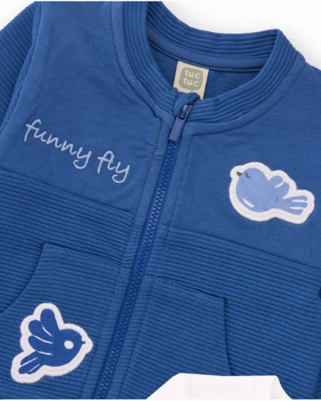 Three-piece baby boy outfit in blue and white tones with bird details