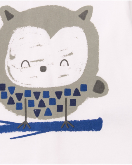 Three-piece baby boy outfit in blue and white tones with bird details