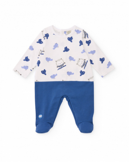 Knit romper for boy in white and blue with owl and bird print Knit romper for boy in white and blue with owl and bird print