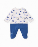Knit romper for boy in white and blue with owl and bird print Knit romper for boy in white and blue with owl and bird print