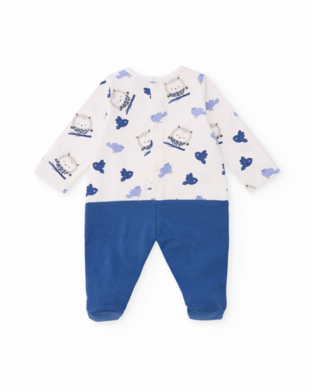 Knit romper for boy in white and blue with owl and bird print Knit romper for boy in white and blue with owl and bird print