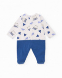Knit romper for boy in white and blue with owl and bird print Knit romper for boy in white and blue with owl and bird print