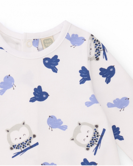 Knit romper for boy in white and blue with owl and bird print Knit romper for boy in white and blue with owl and bird print