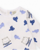 Knit romper for boy in white and blue with owl and bird print Knit romper for boy in white and blue with owl and bird print
