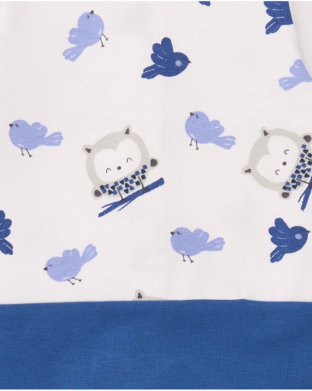 Knit romper for boy in white and blue with owl and bird print Knit romper for boy in white and blue with owl and bird print