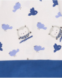 Knit romper for boy in white and blue with owl and bird print Knit romper for boy in white and blue with owl and bird print