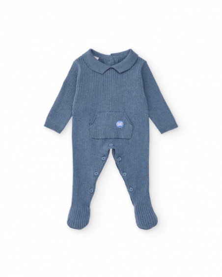 Blue knit romper for boys with classic collar and front pocket