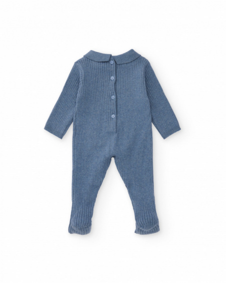 Blue knit romper for boys with classic collar and front pocket