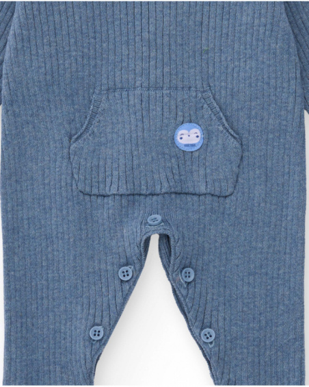 Blue knit romper for boys with classic collar and front pocket