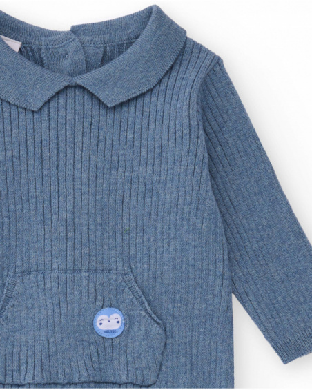 Blue knit romper for boys with classic collar and front pocket